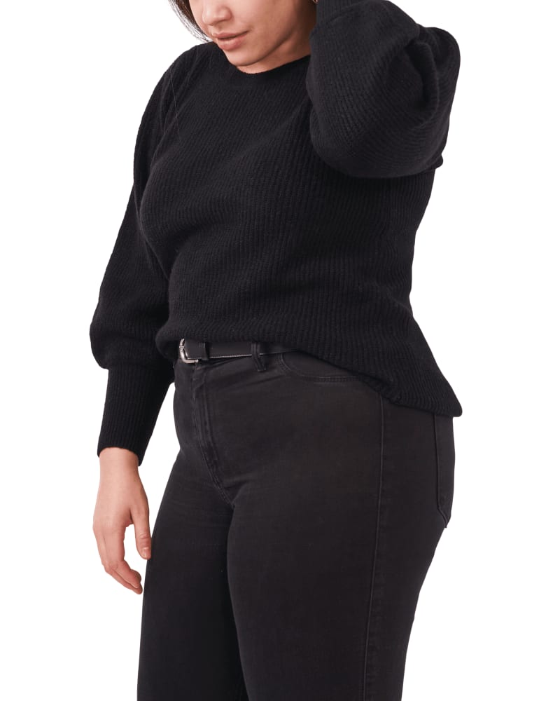 Front of a model wearing a size 0X Francisca Ribbed Sweater in RICH BLACK by 1.State. | dia_product_style_image_id:262312